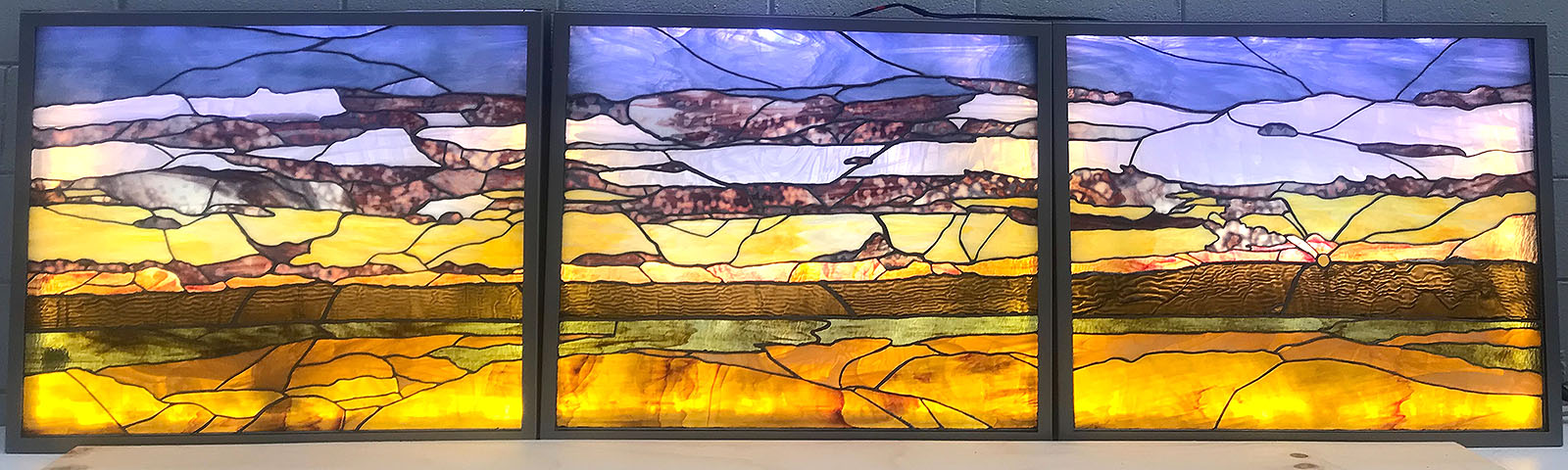Grand Bayou Sunset stained glass triptych